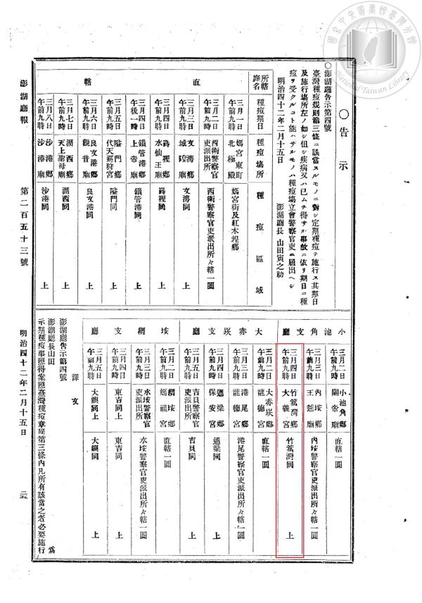 澎湖廳種痘時程記錄